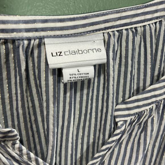 Liz Claiborne Navy White Striped Metallic Thread Tunic Top Size L Peasant Blouse - Picture 9 of 9